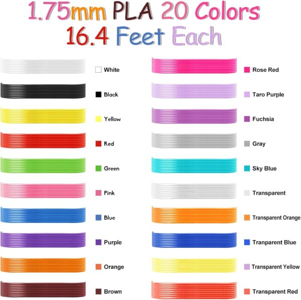 3D Pen Filament Refills, 20 Colors 1.75mm PLA Threads, Each Color 16.4 Feet, Total 328 Feet with 2 Finger Caps, Compatible with SCRIB3D MYNT3D 3D Pen (3D Pen Not Included) - Image 2