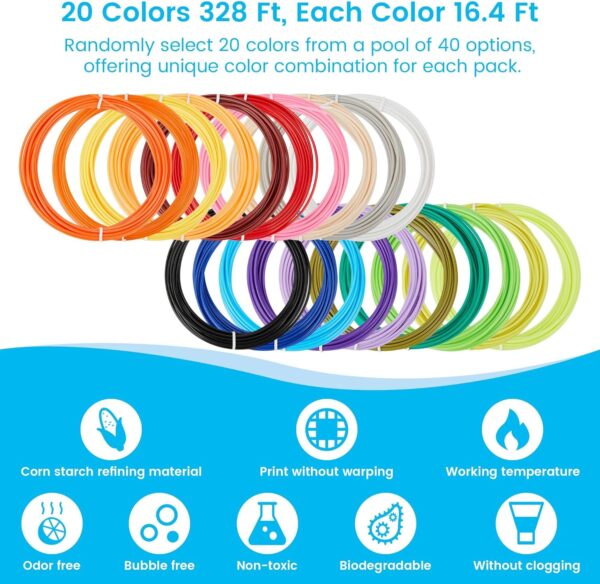 3D Pen Filament Refills, 20 Colors 1.75mm PLA 16.4ft Each Color Compatible with SCRIB3D, PIKA3D, MYNT3D and Most Other 3D Printing pens, Not for 3Doodler Pen