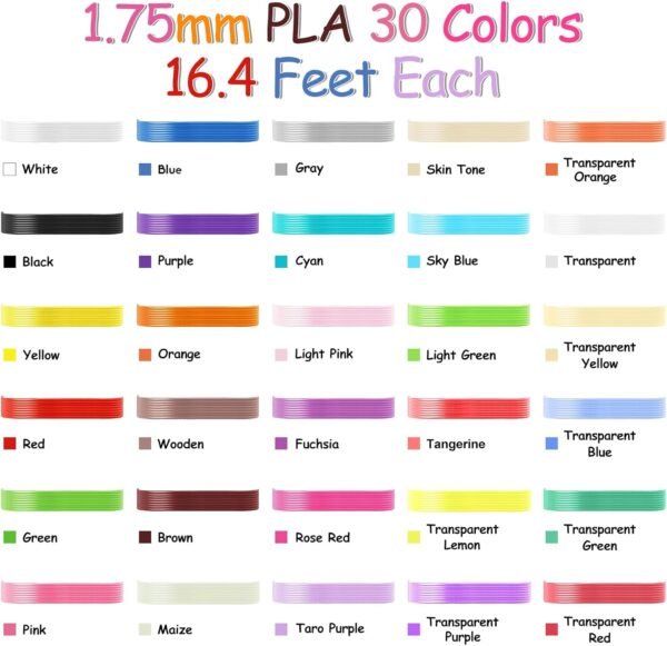 3D Pen Filament Refills, 30 Colors 1.75mm PLA Threads, Each Color 16.4 Feet, Total 492 Feet with 2 Finger Caps, Compatible with SCRIB3D MYNT3D 3D Pen (3D Pen Not Included) - Image 2