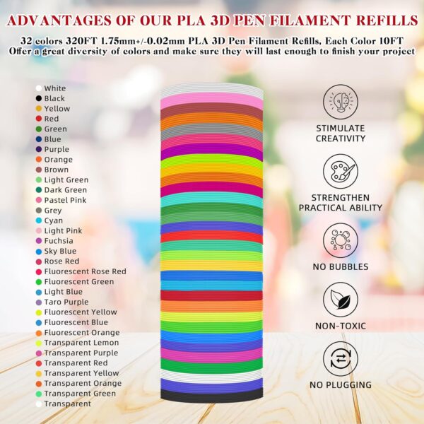 3D Pen Filament Refills 32 Colors 320ft Each Color 10 feet 1.75mm PLA 3D Pen Filament (32 Colors) - Image 2
