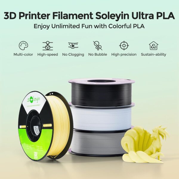 3D Printer Filament 1.75mm Ultra PLA Filament High Speed 30-300mm/s Accuracy +/- 0.02mm, 1kg Spool (2.2lbs), Fit Most FDM 3D Printer, Soleyin by Creality Filament, PLA Black - Image 2