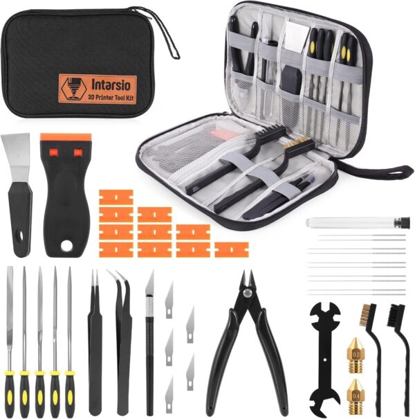 3D Printer Tools Kit, 34pcs 3D Printer Accessories for All FDM/SLA Printers Includes Nozzle Cleaning Tools, Removal Scrapers, Finishing Tools, 5 Types of Files,Brushes, Wire Cutter, Engraving Knife