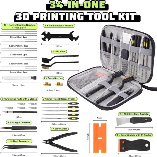 3D Printer Tools Kit, 34pcs 3D Printer Accessories for All FDM/SLA Printers Includes Nozzle Cleaning Tools, Removal Scrapers, Finishing Tools, 5 Types of Files,Brushes, Wire Cutter, Engraving Knife - Image 2