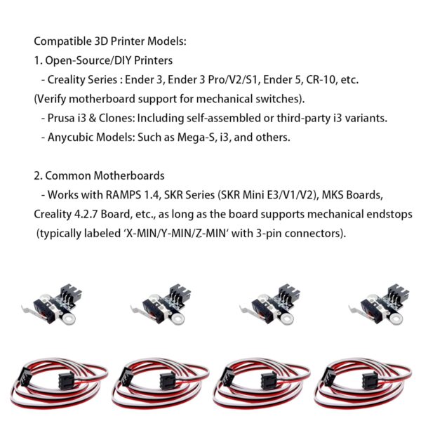 4Pcs 3D Printer Limit Switch Cables and Limit Switch, Mechanical Endstop Limit Switch Module Endstop Switch Horizontal Type with 1M 3 Pin Cable for 3D Printer Parts Ramps1.4, - Image 2