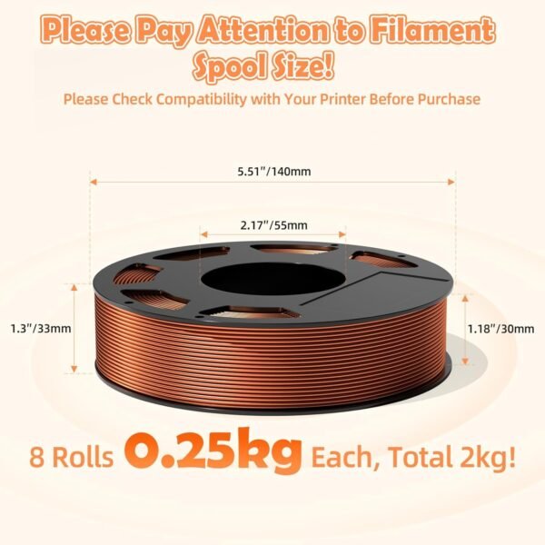 8-Color Silk PLA Filament Bundle for 3D Printers (1.75mm, 250g/Spool, 272 FT Total) - Black Grey, Bright Gold, Pharaonic Gold, White, Copper, Bronze, Sapphire Blue, Silver Grey, Low Warping, 2 kg - Image 2