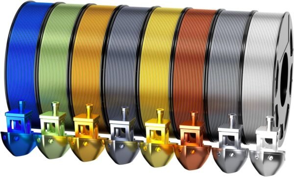8-Color Silk PLA Filament Bundle for 3D Printers (1.75mm, 250g/Spool, 272 FT Total) - Black Grey, Bright Gold, Pharaonic Gold, White, Copper, Bronze, Sapphire Blue, Silver Grey, Low Warping, 2 kg