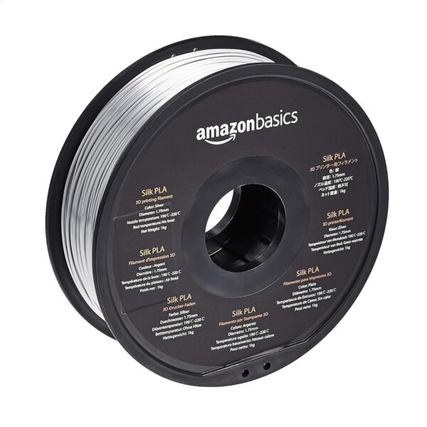 Amazon Basics SILK PLA 3D Printer Filament, 1.75 mm, Silver, 1 kg Spool (2.2 lbs)
