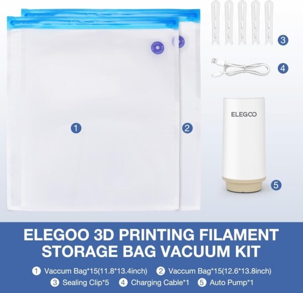 ELEGOO Filament Vacuum Storage Kit with Auto Pump, 30 Pack Vacuum Sealed Bags in 2 Sizes for Keeping 3D Printer Filament Dry(13.8 * 12.6 inch, 13.4 * 11.8 inch) - Image 2