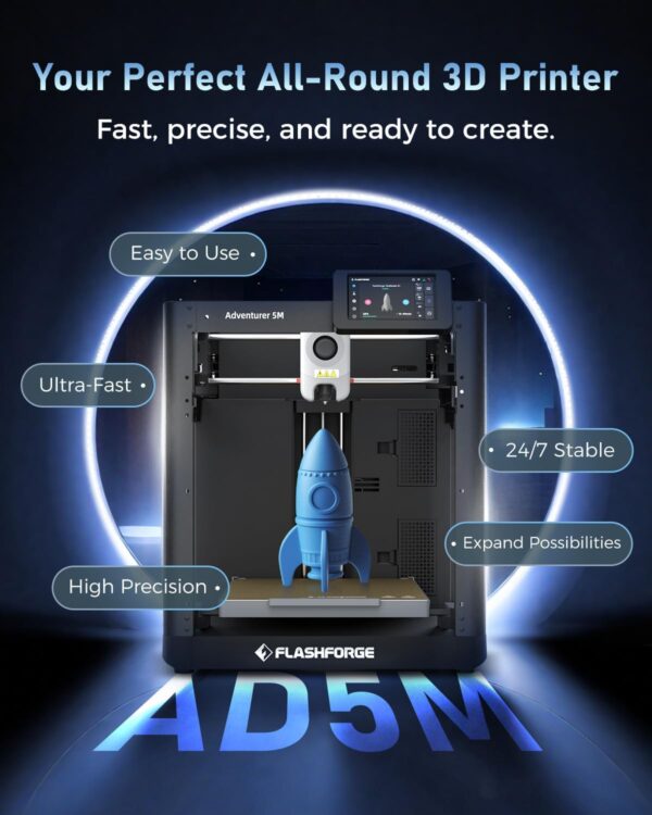 FLASHFORGE 3D Printer AD5M, CoreXY 600mm/s High-Speed Printer with 1-Click Auto Leveling, High-Temp Direct Drive Extruder, 3s Quick-Swap Nozzle, 220×220×220mm Build Volume - Image 2