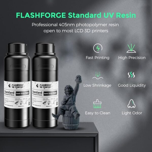 FLASHFORGE 3D Printer Resin, Fast Curing Standard 3D Resin High Precision & Excellent Fluidity with Low Odor, 405nm UV Curing 3D Printing Resin for LCD/DLP/SLA Resin 3D Printer (Dark Grey, 500G) - Image 2