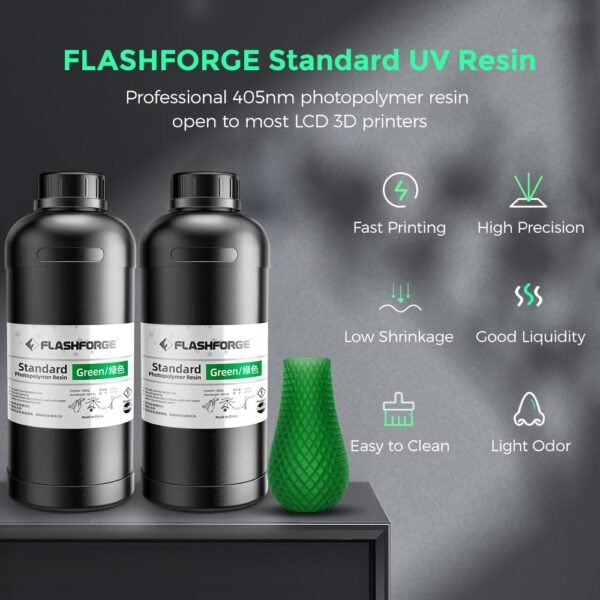 FLASHFORGE 3D Printer Resin, Fast Curing Standard 3D Resin High Precision & Excellent Fluidity with Low Odor, 405nm UV Curing 3D Printing Resin for LCD/DLP/SLA Resin 3D Printer (Green, 1KG) - Image 2