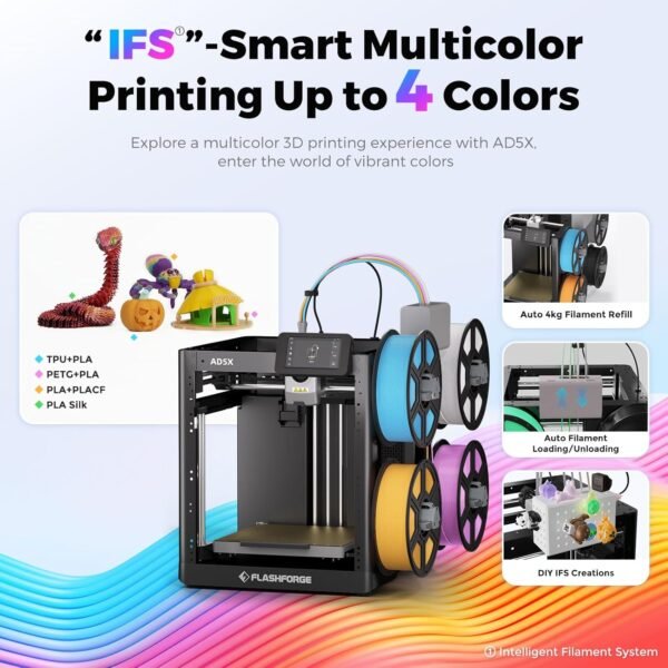FLASHFORGE AD5X 3D Printer,Smart Multi-Color 3D Printer with IFS,Max 600mm/s High Speed 4 Colors Printing,Fully Auto Leveling,300°C Direct Extruder,for PLA-CF,PETG-CF,Print Size 220x220x220mm - Image 2
