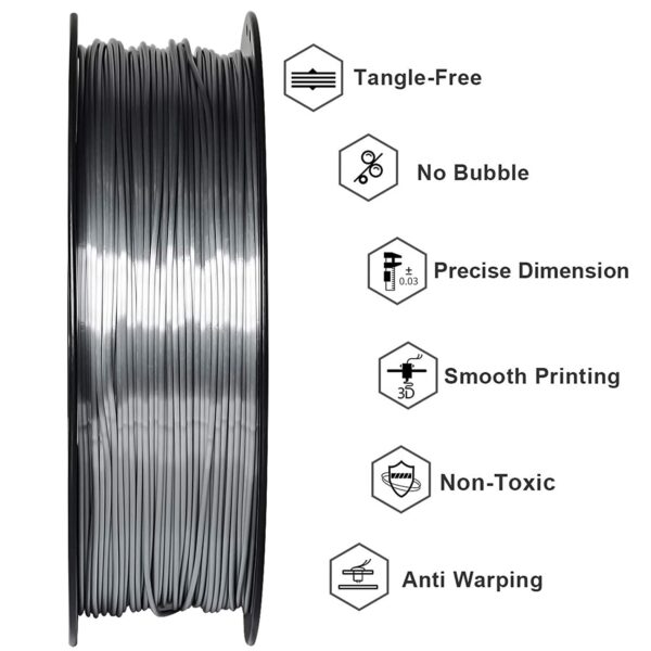 GIANTARM Silk Metallic Silver PLA 3D Printer Filament 1kg Spool, 1.75mm Dimensional Accuracy +/-0.03mm, 1080 Feet per Roll, Vacuum Packaging - Image 2