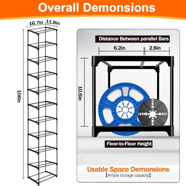 GRETJOB 10-Tier 3D Printer Filament Storage Rack – Heavy-Duty Metal Spool Holder, Holds 60 Filament Rolls, Modular Shelves, Tool-Free Assembly - Image 2