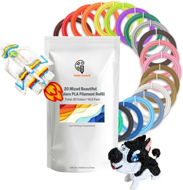 Goto Guard 3D Pen Filament Refills 20 Color 3D Pen Filament Total 200 Feet, Multicolor 3D Printing PLA Filament 1.75mm, Kids Safe for SCRIB3D P1 and MYNT3D Pens, Each Color About 10 Feet