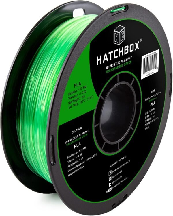 HATCHBOX PLA 3D Printer Filament, Dimensional Accuracy +/- 0.03 mm, 1 kg Spool, 1.75 mm, Transparent Green