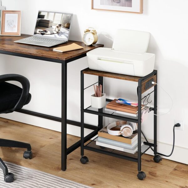 HOOBRO Industrial Printer Stand, 3-Tier Mobile Printer Table, Rolling Cart with Power Outlets and USB Ports, Home Printer Stand with 2 Hooks, for Office, Living Room, Rustic Brown BF22UPS01 - Image 2