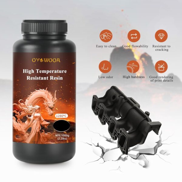 High-Temp Resistant 3D Printer Resin - Up to 280°C, High Precision 3D Printing Resin for Engineering, Industrial Parts, 405nm Photopolymer Resin for DLP/LCD (Black, 1000g) - Image 2