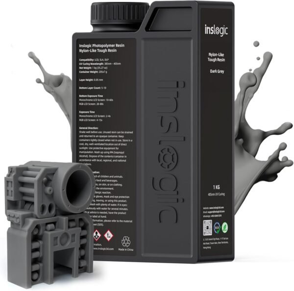 Inslogic Nylon-Like Tough 3D Printer Resin, High Impact Resistance & Flexibility for LCD, DLP, SLA Resin 3D Printers, Durable, Low Shrinkage, 365-405nm UV-Curing Resin, 1kg, Dark Gray