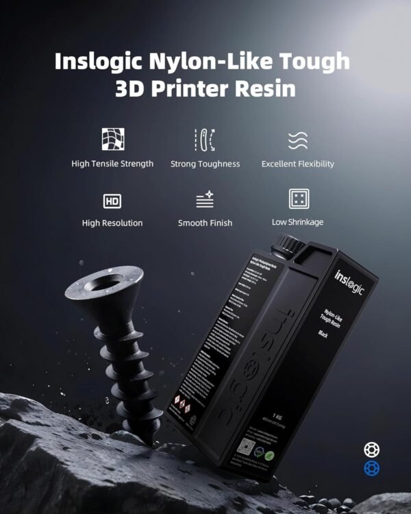 Inslogic Nylon-Like Tough 3D Printer Resin, High Impact Resistance & Flexibility for LCD, DLP, SLA Resin 3D Printers, Durable, Low Shrinkage, 365-405nm UV-Curing Resin, 1kg, Dark Gray - Image 2