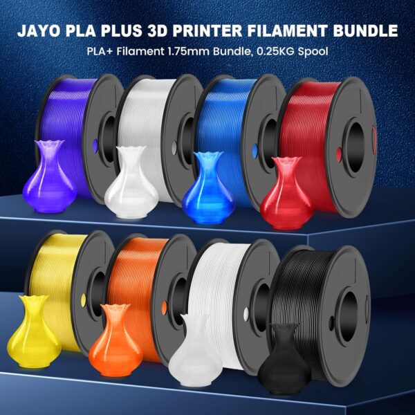 JAYO PLA+ Filament Bundle 1.75mm, 3D Printer Filament Bundle Multicolor, Individually Vacuum Packed, 250g Spool, 8 Pack, 2KG in Total, Black+White+Transparent+Clear(Blue+Red+Orange+Yellow+Purple) - Image 2