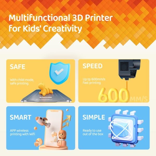 Kidoodle Mini 3D Printer for Kids & Beginners, 600mm/s High Speed Printing, Auto-Leveling/Child-Safe Design/5" Touch Screen, Pre-Assembled with Wi-Fi/App Control, Easy Setup for Home/School - Image 2