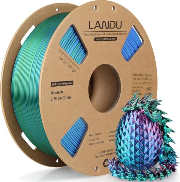 LANDU Silk Tri-Color PLA Filament 1.75mm 1Kg, Triple Color Silk PLA Filament, Silk Rainbow PLA Filament, Neatly Wound 3D Printer Filament, 3 in 1 Multi Color Filament +/-0.02mm, Silk Red Blue Green