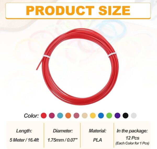 MECCANIXITY 12 Pcs 3D Pen Filament, 1.75mm Dia 16.4ft Length PLA 3D Printing Pen Filament Refills for 1.75mm 3D Printing Pen, 12 Colors - Image 2