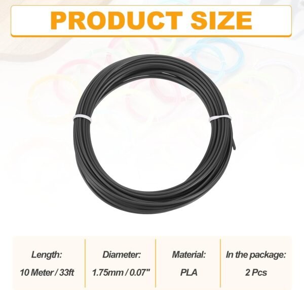 MECCANIXITY 2 Pcs 3D Pen Filament, 1.75mm Dia 33ft Length PLA 3D Printing Pen Filament Refills for 1.75mm 3D Printing Pen, Black - Image 2