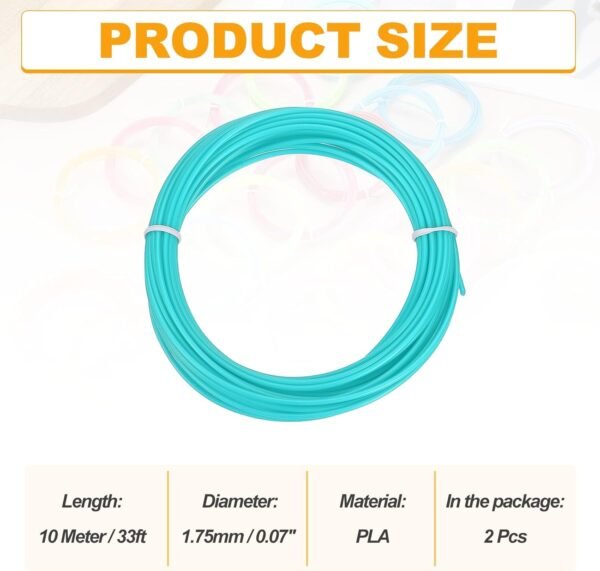 MECCANIXITY 2 Pcs 3D Pen Filament, 1.75mm Dia 33ft Length PLA 3D Printing Pen Filament Refills for 1.75mm 3D Printing Pen, Blue Green - Image 2