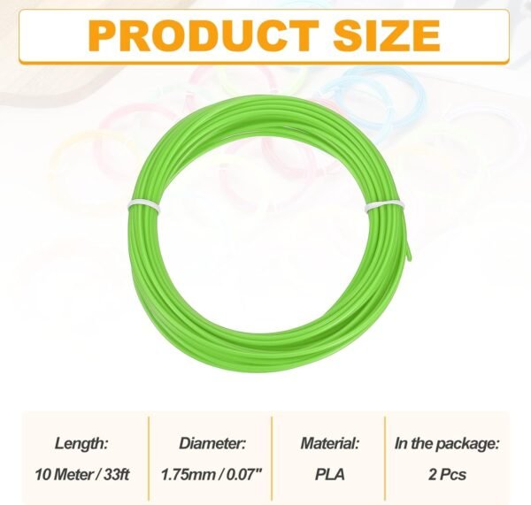 MECCANIXITY 2 Pcs 3D Pen Filament, 1.75mm Dia 33ft Length PLA 3D Printing Pen Filament Refills for 1.75mm 3D Printing Pen, Green - Image 2
