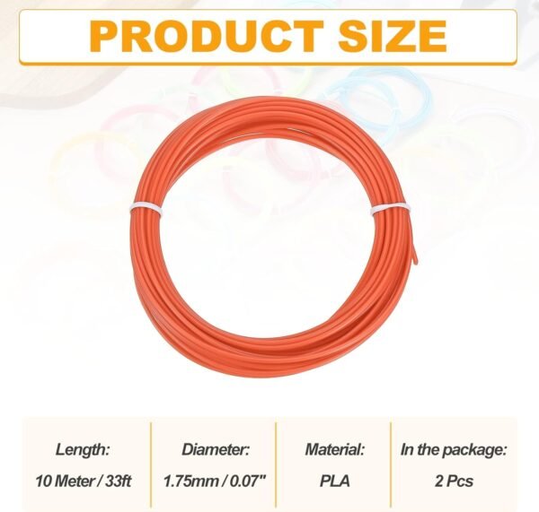 MECCANIXITY 2 Pcs 3D Pen Filament, 1.75mm Dia 33ft Length PLA 3D Printing Pen Filament Refills for 1.75mm 3D Printing Pen, Orange - Image 2
