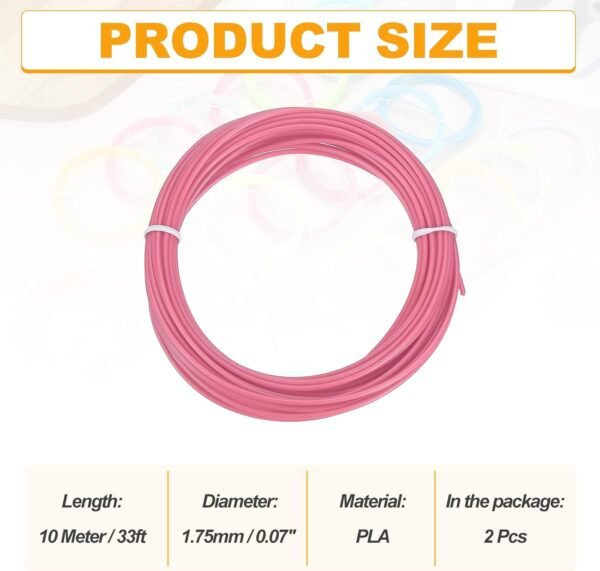 MECCANIXITY 2 Pcs 3D Pen Filament, 1.75mm Dia 33ft Length PLA 3D Printing Pen Filament Refills for 1.75mm 3D Printing Pen, Pink - Image 2