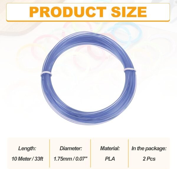 MECCANIXITY 2 Pcs 3D Pen Filament, 1.75mm Dia 33ft Length PLA 3D Printing Pen Filament Refills for 1.75mm 3D Printing Pen, Transparent Blue - Image 2
