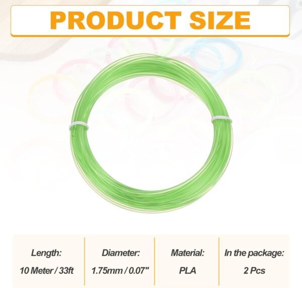 MECCANIXITY 2 Pcs 3D Pen Filament, 1.75mm Dia 33ft Length PLA 3D Printing Pen Filament Refills for 1.75mm 3D Printing Pen, Transparent Green - Image 2