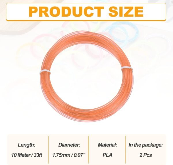 MECCANIXITY 2 Pcs 3D Pen Filament, 1.75mm Dia 33ft Length PLA 3D Printing Pen Filament Refills for 1.75mm 3D Printing Pen, Transparent Orange - Image 2