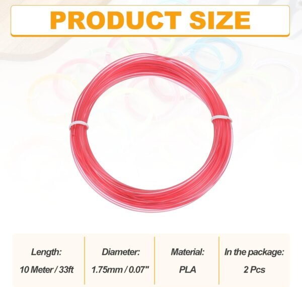 MECCANIXITY 2 Pcs 3D Pen Filament, 1.75mm Dia 33ft Length PLA 3D Printing Pen Filament Refills for 1.75mm 3D Printing Pen, Transparent Red - Image 2