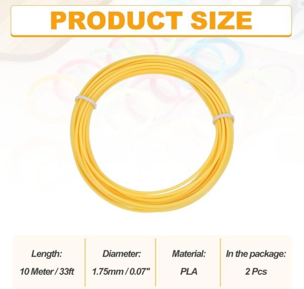MECCANIXITY 2 Pcs 3D Pen Filament, 1.75mm Dia 33ft Length PLA 3D Printing Pen Filament Refills for 1.75mm 3D Printing Pen, Yellow - Image 2