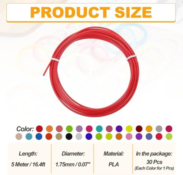 MECCANIXITY 30 Pcs 3D Pen Filament, 1.75mm Dia 16.4ft Length PLA 3D Printing Pen Filament Refills for 1.75mm 3D Printing Pen, 30 Colors - Image 2