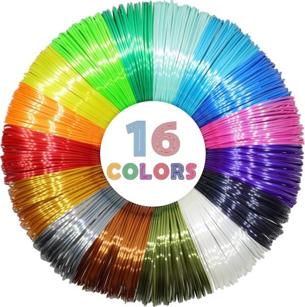 MIKA3D 16 Colors Silk Shiny PLA Filament Sample Pack, Each Color 4 Meter Length, Total 64m Silk Shiny PLA 3D Printer 3D Pen Material Refill Sample Pack