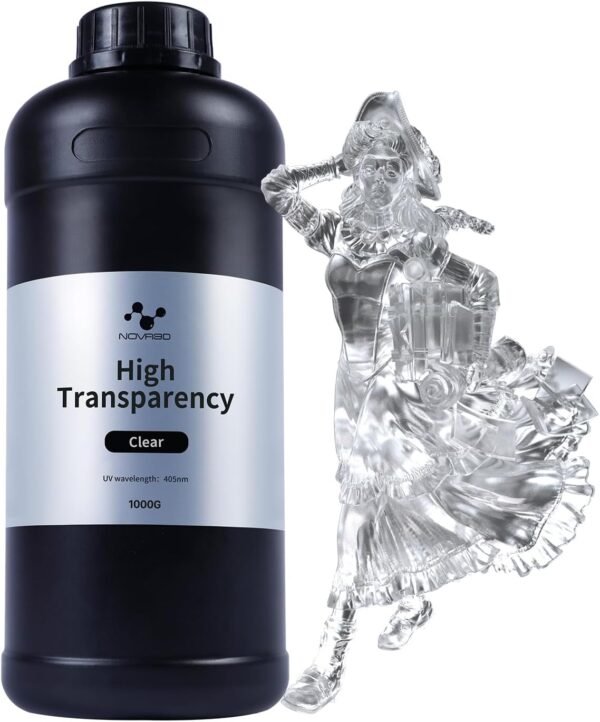 NOVA3D High Clear 3D Printer Resin – Crystal Clear, Tough, Yellowing-Resistant, Low Odor, Fast-Curing 405nm UV Resin (1000g)