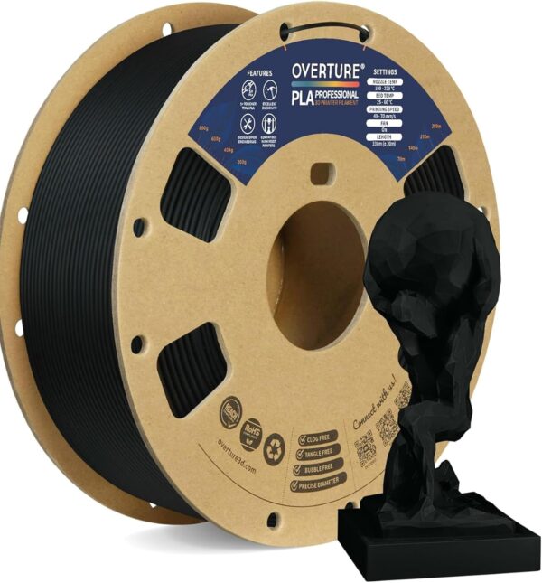 OVERTURE PLA Plus (PLA+) Filament 1.75mm, Stronger & More Durable, Professional Toughness 3D Printer Filament 1kg (2.2lbs), High Precision +/- 0.02mm, Tangle-Free (Black)