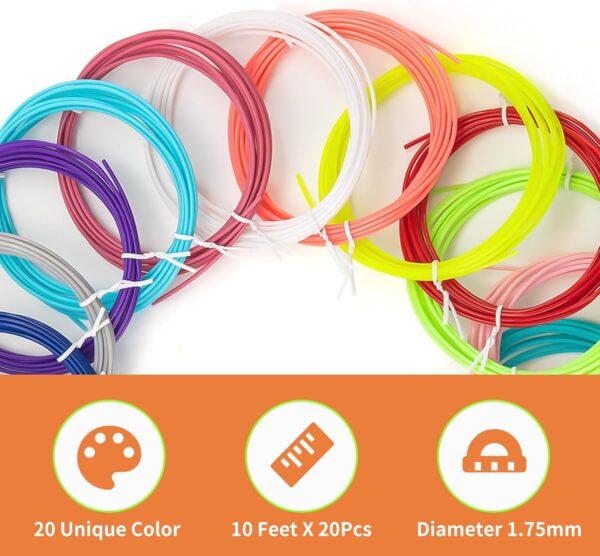 PLA 3D Pen Filament, 20 Bright Colors, 1.75mm Refills for 3D Pens, 10 Feet per Color, Total 200 Feet, Ideal for Creative Projects - Image 2