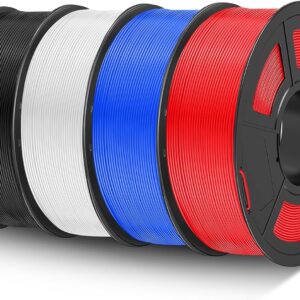 PLA 3D Printer Filament, 4KG PLA Filament 1.75mm, Neatly Wound 3D Printing Filament, Dimensional Accuracy +/- 0.02 mm,1 Kg Per Spool, Pack of 4, Black+White+Blue+Red