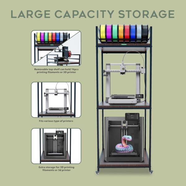 PT2 3D Printer Stand Rack, 3 Tier Heavy Duty 3D Printer Rack with Filament Organizer, Large Capacity for 3D Printers and Printing Filaments Storage with Wheels - Image 2