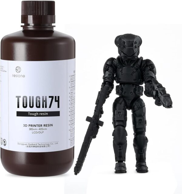 RESIONE Tough 74 3D Printer Resin, Impact-Resistant Photopolymer for LCD DLP MSLA– Wear-Resistant, Low Shrinkage, Durable Resin for Action Figures, Tabletop Miniatures & Joints, Black, 1KG