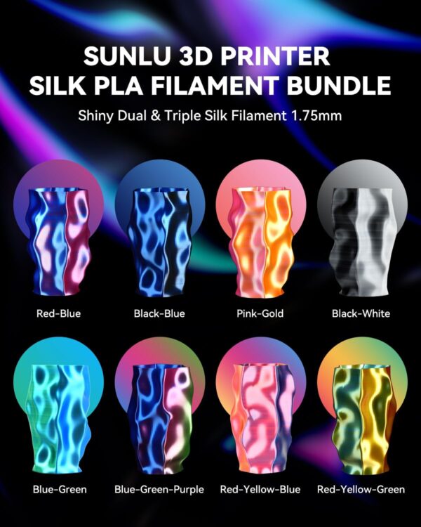 SUNLU 3D Printer Filament Bundle, Silk Filament Multicolor, Individually Vacuum Packed, Dual Color*5, Triple Color *3, 2kg in Total - Image 2