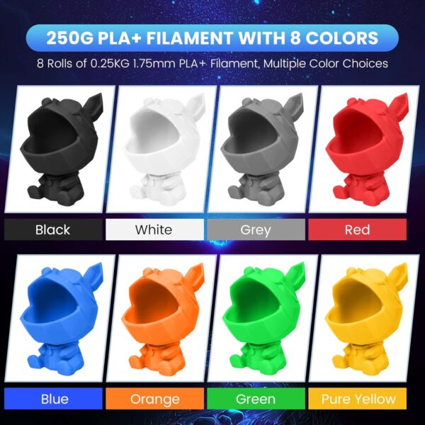 SUNLU 3D Printer Filament Pack, 0.25kg Each Spool, Total 2kg, Mini Spool, PLA+ Filament 1.75mm, 8 Packs, Black+White+Grey+Blue+Green+Red+Orange+PureYellow - Image 2