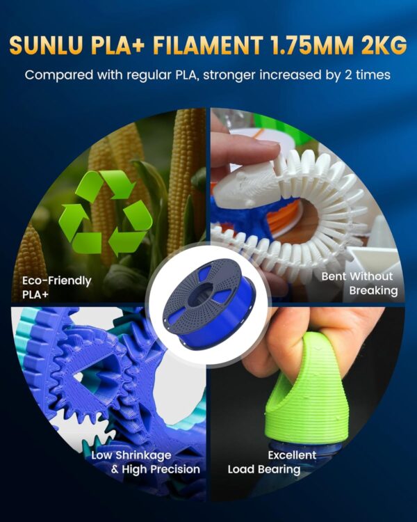 SUNLU PLA+2.0 3D Printer Filament Bundle, 4KG Upgrade PLA+ Filament 1.75mm, Tougher and Stronger, Dimensional Accuracy +/-0.02mm, 1KG per Spool, 4 Packs, Black - Image 2