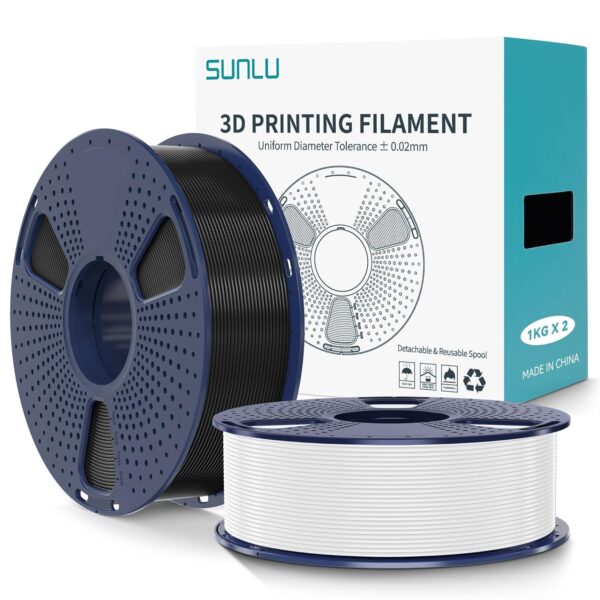 SUNLU PLA+2.0 3D Printer Filament 2KG, Upgrade PLA+ Filament 1.75mm, Tougher and Stronger, Dimensional Accuracy +/-0.02mm, 1KG per Spool, 2 Pack, 2KG Total, Black+White